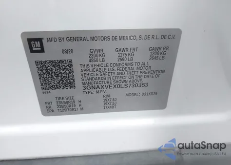 2020 Chevrolet Equinox Awd Lt 2.0L Turbo из США, поврежденный, VIN 3GNAXVEX0LS730353
